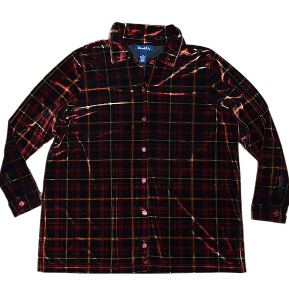 Plaid Velvet Button Up Blouse Holiday Top Christmas Stretch Plus Size 1X - Picture 12 of 12